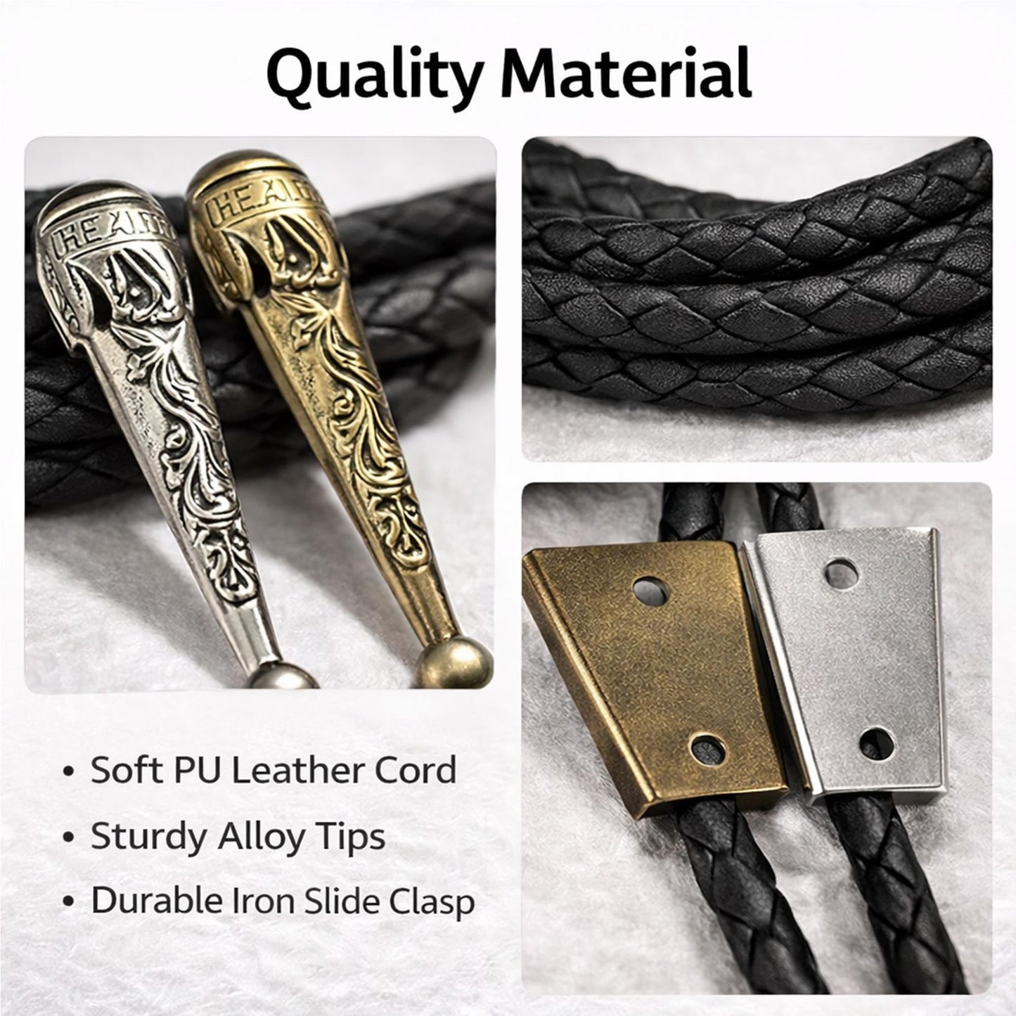 VTOS 3 Sets Bolo Tie Findings Kits with Iron Slide Clasp Buckle, Alloy Replacement End Tips, and Braided Necktie Leather Cord for Men Women