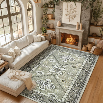 Boho Washable Area Rug 5x7, Large Soft Rugs for Living Room Farmhouse Vintage Beige Carpet 5x7 Area Rugs for Bedroom Dining Room Non-Slip Stain Resistant Under Table Rug