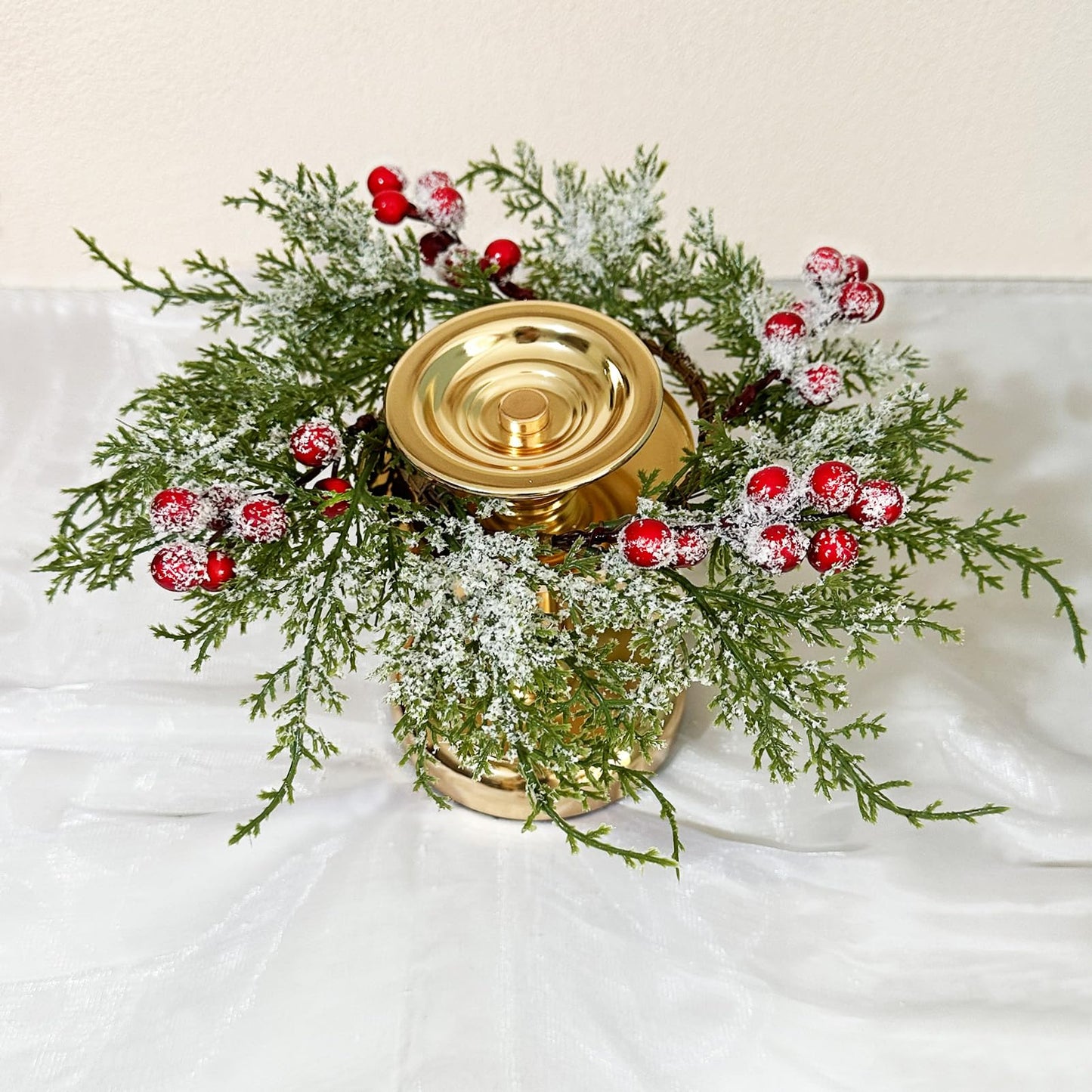 Small Christmas Wreath Candle Rings Artificial Cedar Cypress Wreaths with Red Berries, Candle Holders for Holiday Table Centerpiece Decor (Candle Rings 04)