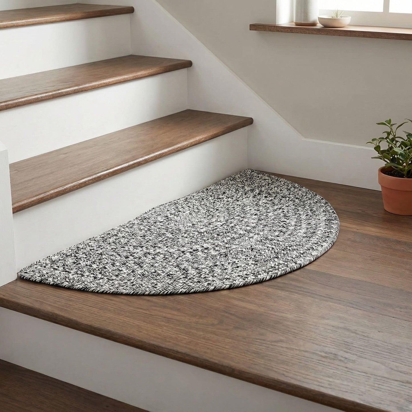 Super Area Rugs Half Circle Braided Rug, Cotton Half Round Kitchen Rug, Hearth Rug for Living Room, Reversible Half Circle Indoor Mat, Black & White, 20"x40"