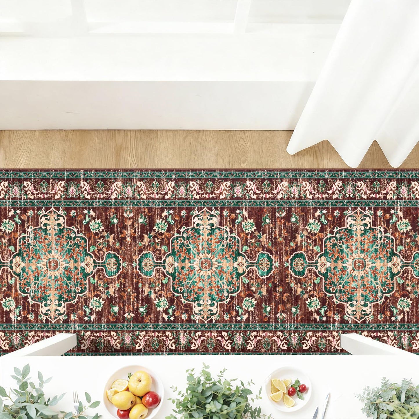 U'Artlines 3' x 14' Boho Hallway Runner Rug, Rust Non Slip Washable Vintage Farmhouse Accent Rug Carpet for Kitchen Entryway Laundry and Living Room (Rust＆Teal)