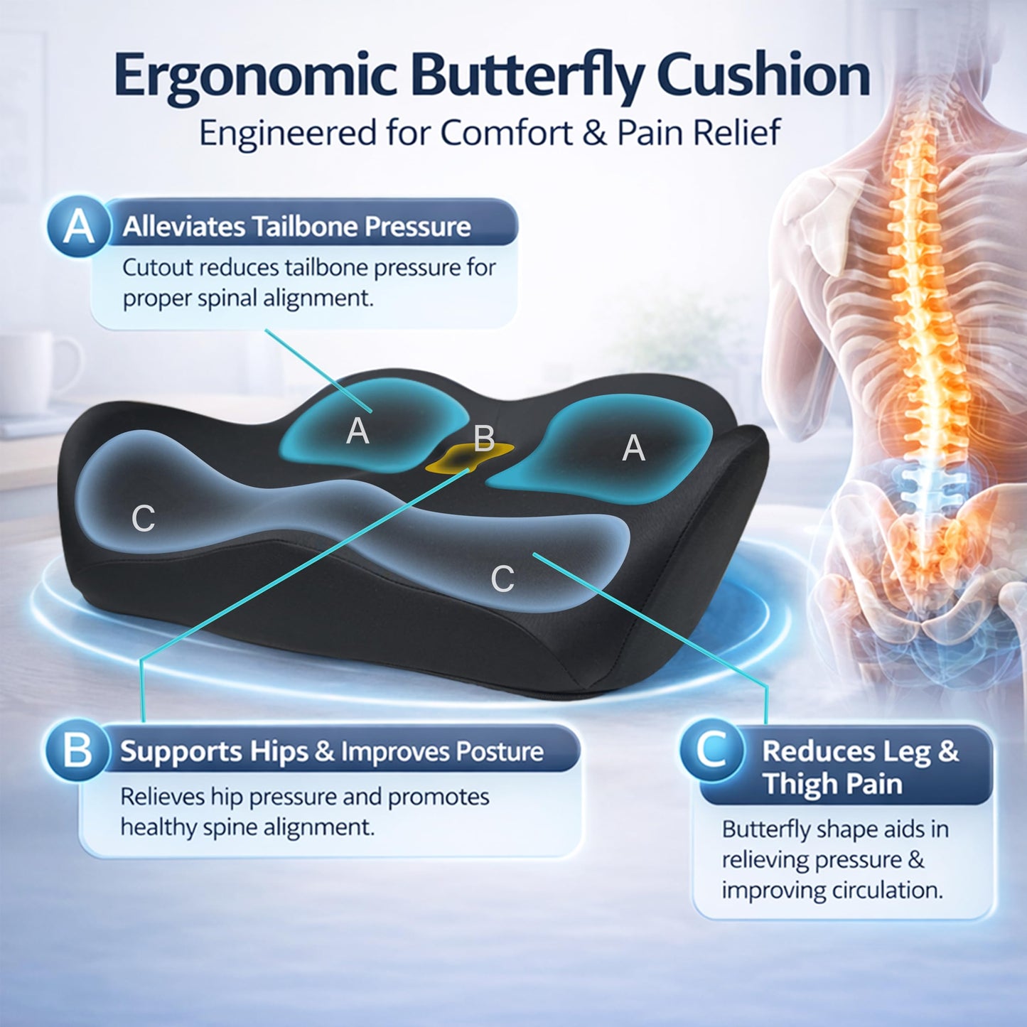 EaseDrives X Large Memory Foam Seat Cushions for Office Chairs, Long Sitting Pressure Relief Ergonomic Office Chair Cushion for Butt Coccyx Tailbone Sciatica, Car Seat Booster for Height (Black)