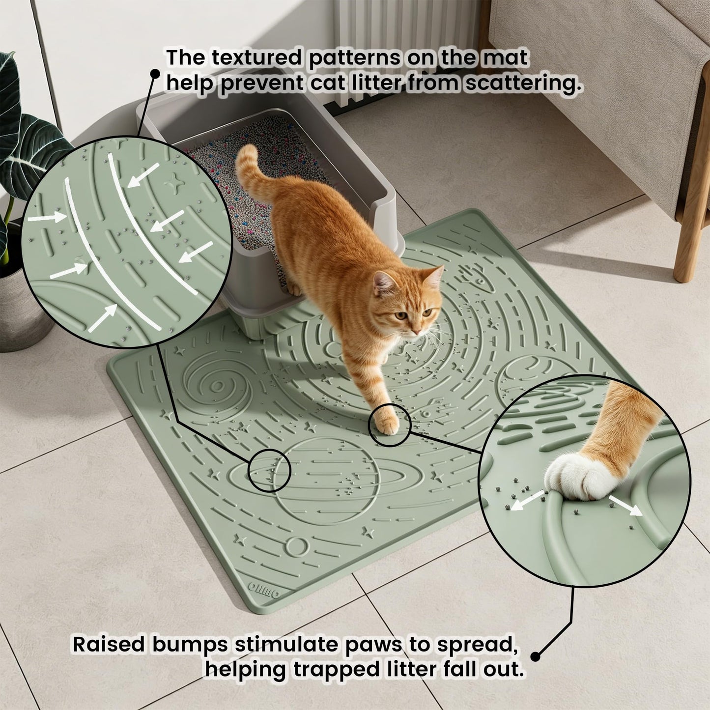 OHMO Cat Litter Mat Large Litter Box Mat, 31.5x23.6 Sage Green, Premium BPA-Free Silicone Rubber Kitty Litter Mat for Litter Box, High Edge Scatter Control Non-Slip Waterproof Litter Trapping Mat