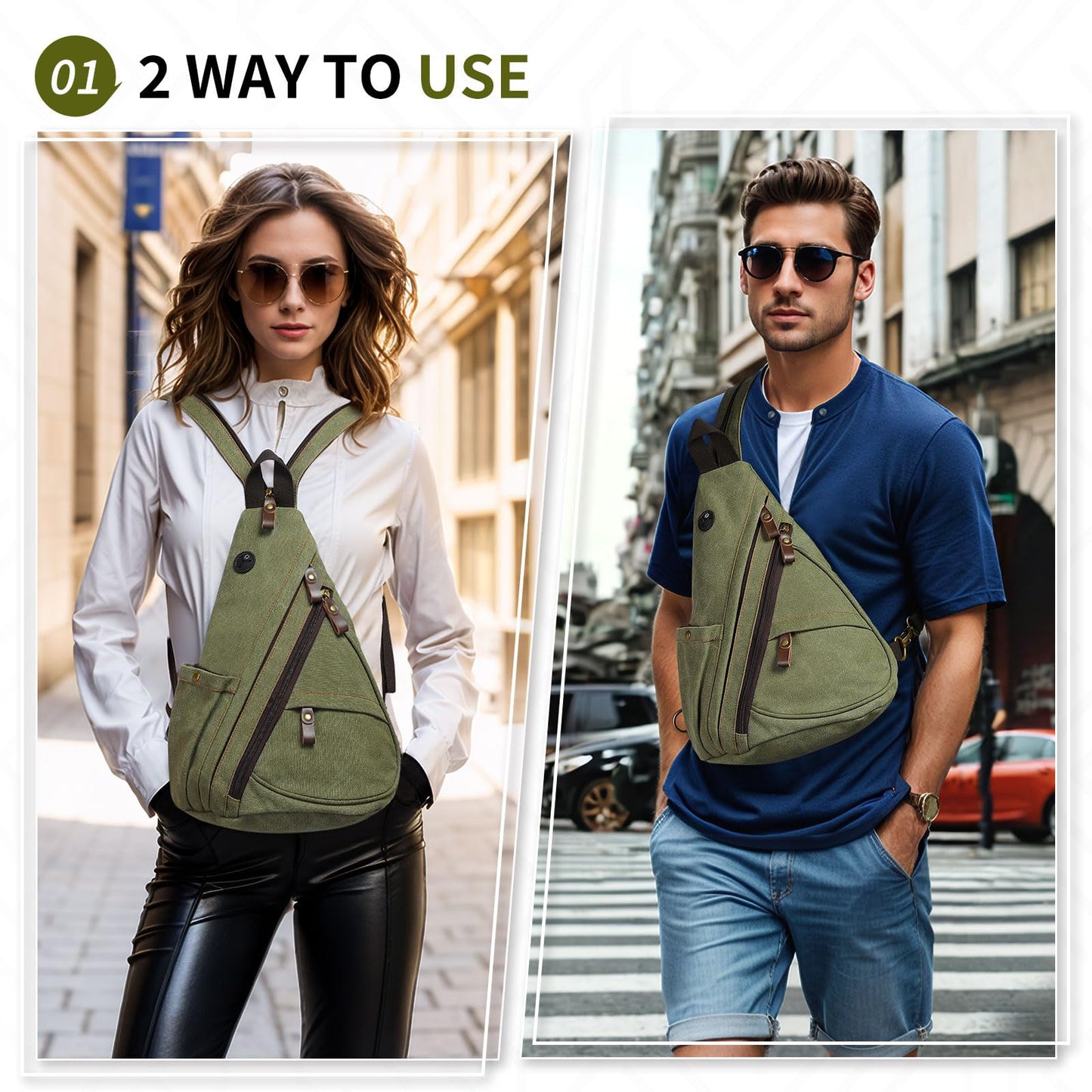 SUIKIHUM Vintage Canvas Sling Bag with Genuine Leather Zipper, 3 in 1 Crossbody, Backpack, and Chest Bag, for Travel, Hiking, 16x10x6 Inches, Green