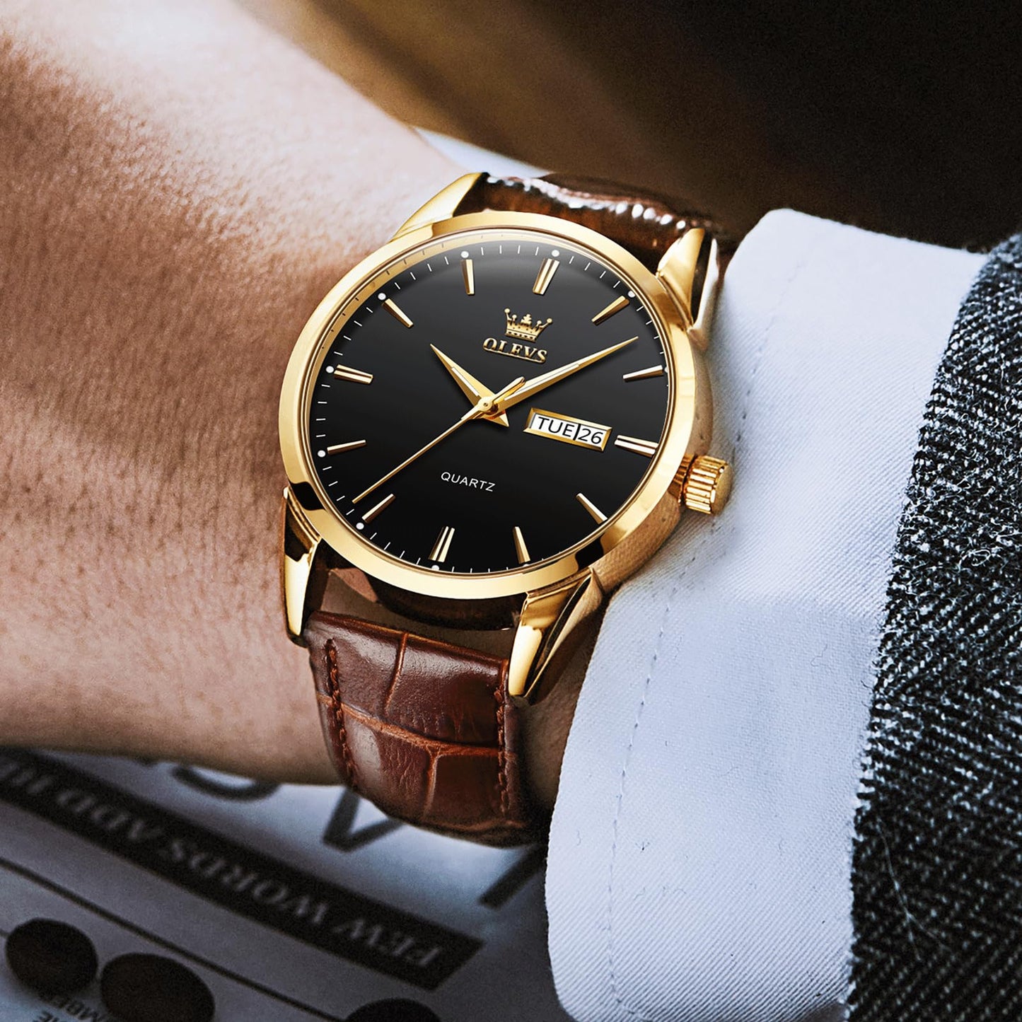 QBAIZI Mens Gold Watches Brown Leather Band Analog Dress Wristwatch for Men Black Face Luxury Male Watch with Day Date Easy to Read Vintage Men's Wrist Watches Waterproof Luminous Reloj para Hombre