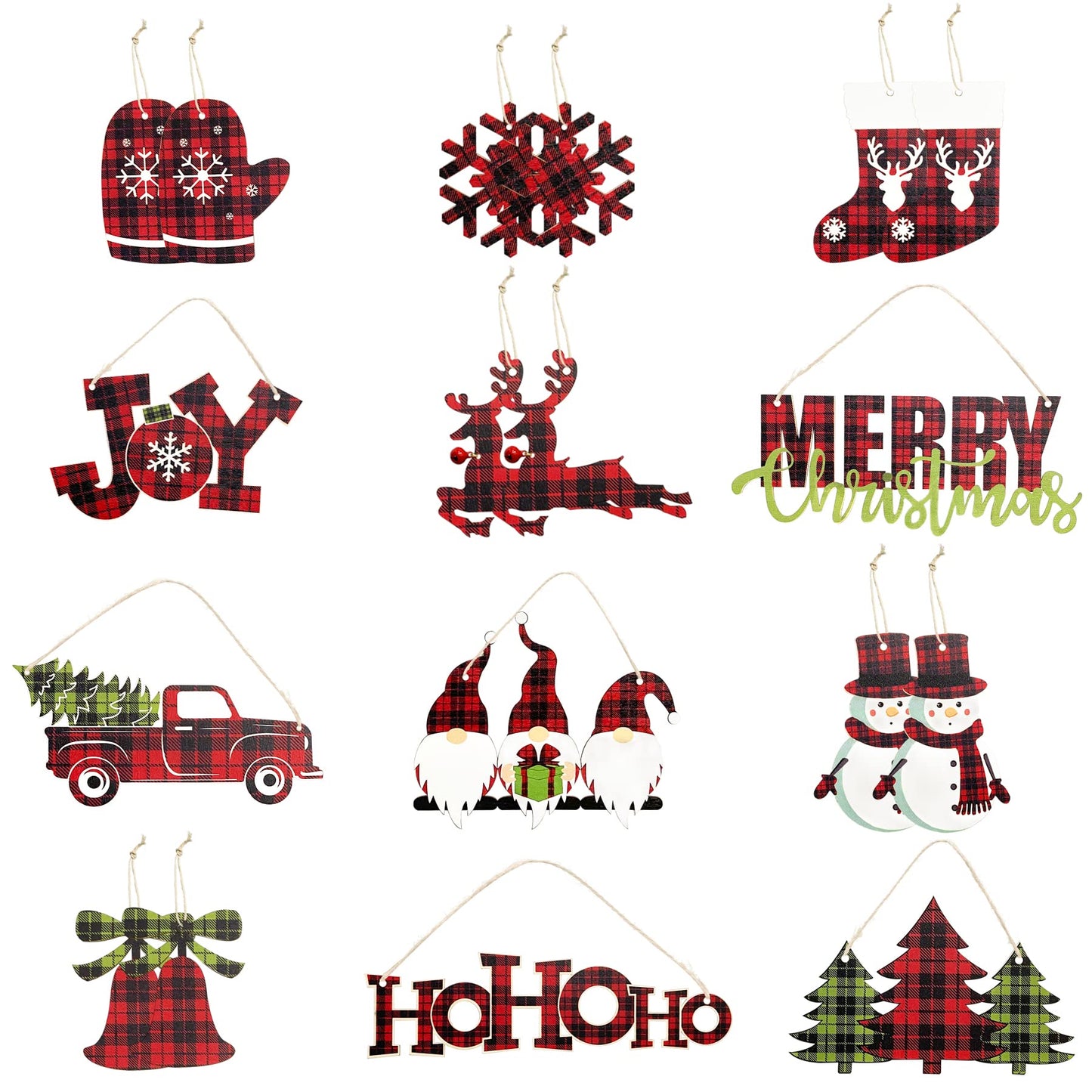 Clearance 18Pcs Christmas Tree Ornaments Buffalo Plaid Merry Christmas Ho Ho Ho Joy Sign Wooden Xmas Red Truck Gnomes Snowflake Snowman Reindeer Bell Sock Glove for Holiday Party Decorations Supplies