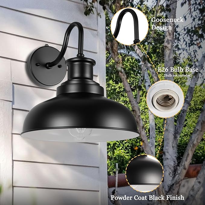 Dusk to Dawn Outdoor Gooseneck Barn Lights, Outdoor Wall Sconces Farmhouse Exterior Wall Mount Light, Vintage Outside Lighting Fixtures, Industrial Black Lanterns for Porch Garage Patio, 2 Pack