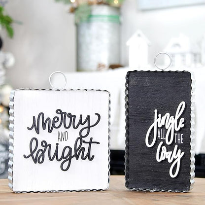 AuldHome Design Reversible Christmas/Winter Sign Set (2-Piece Set w/ 4 Designs); Holiday and Seasonal Block Signs w/ Rustic Farmhouse Galvanized Frames