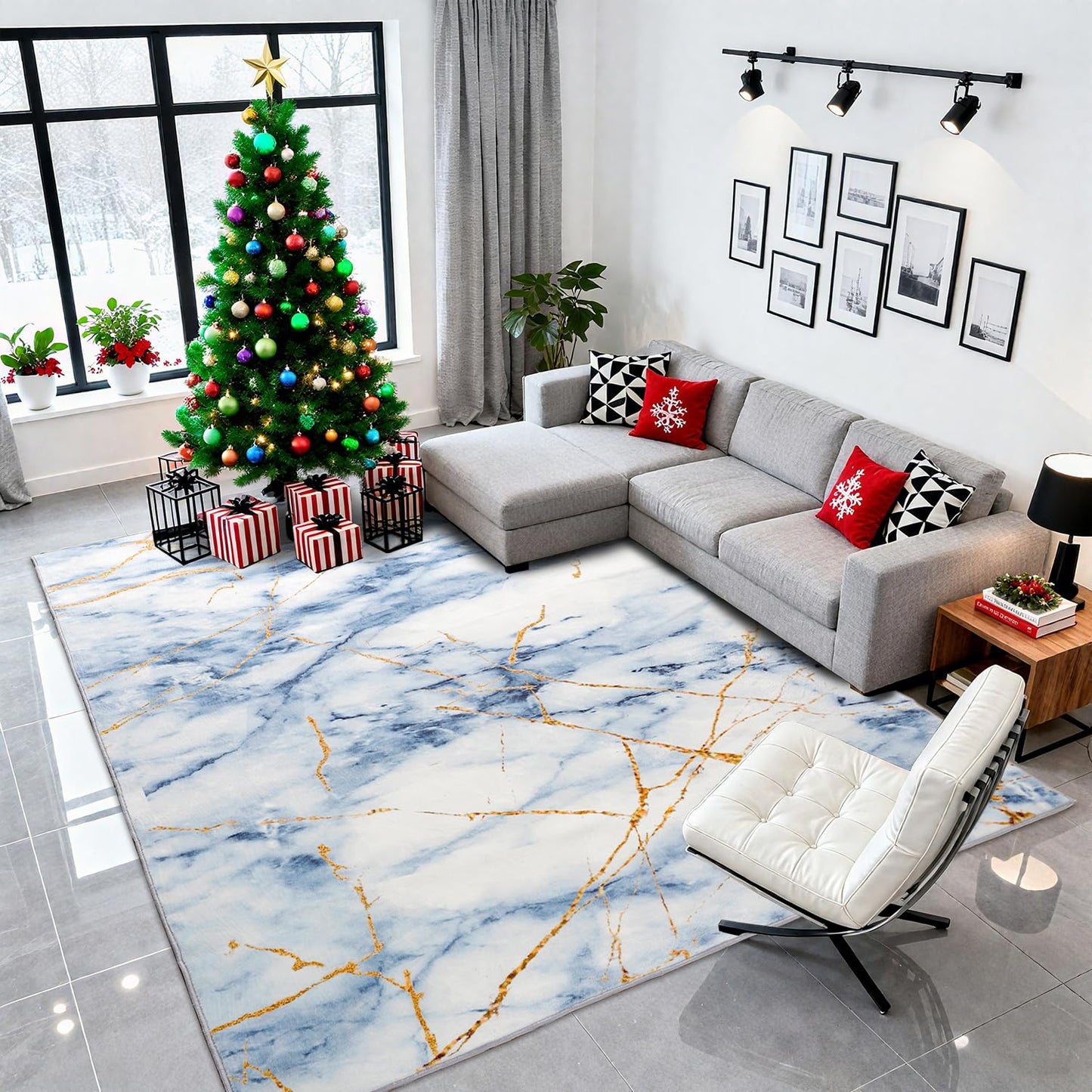HOISUN Non-Slip Marble Pattern 6x9ft Area Rug with Gold Veins,Low Pile Modern Minimalist Design, Durable & Easy - Clean, Perfect for Living Room, Bedroom, or Dining Room-Blue