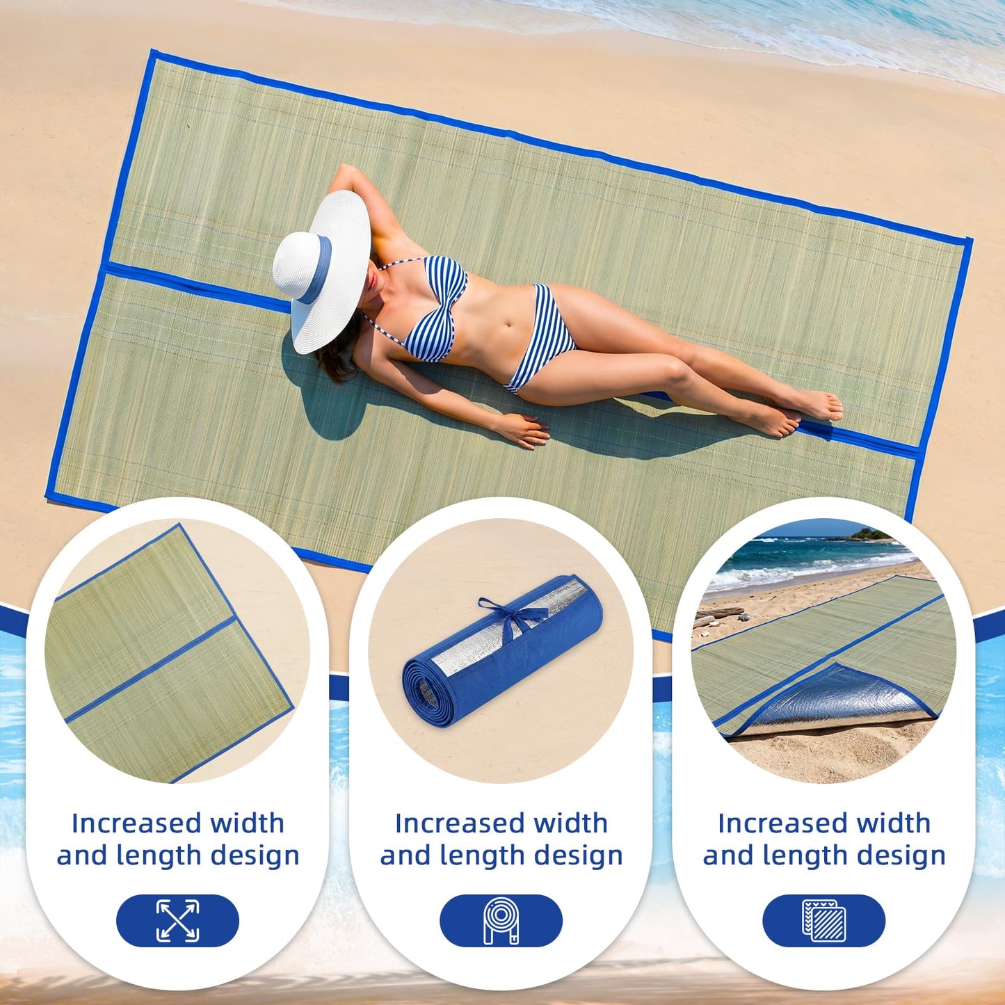 U0U 70x31.5inch Straw Beach Mat with Heat Insulation Aluminum Film,Foldable Breathable Natural Straw Mat for Insulate Beach Heat and Beach Picnic Camping Tent Crawling Yoga (Blue, 70x31.5inch/2pcs)