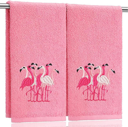 2 Pcs Flamingo Hand Towels Hot Pink Bathroom Decor 14x29 Inch Embroidered 100%