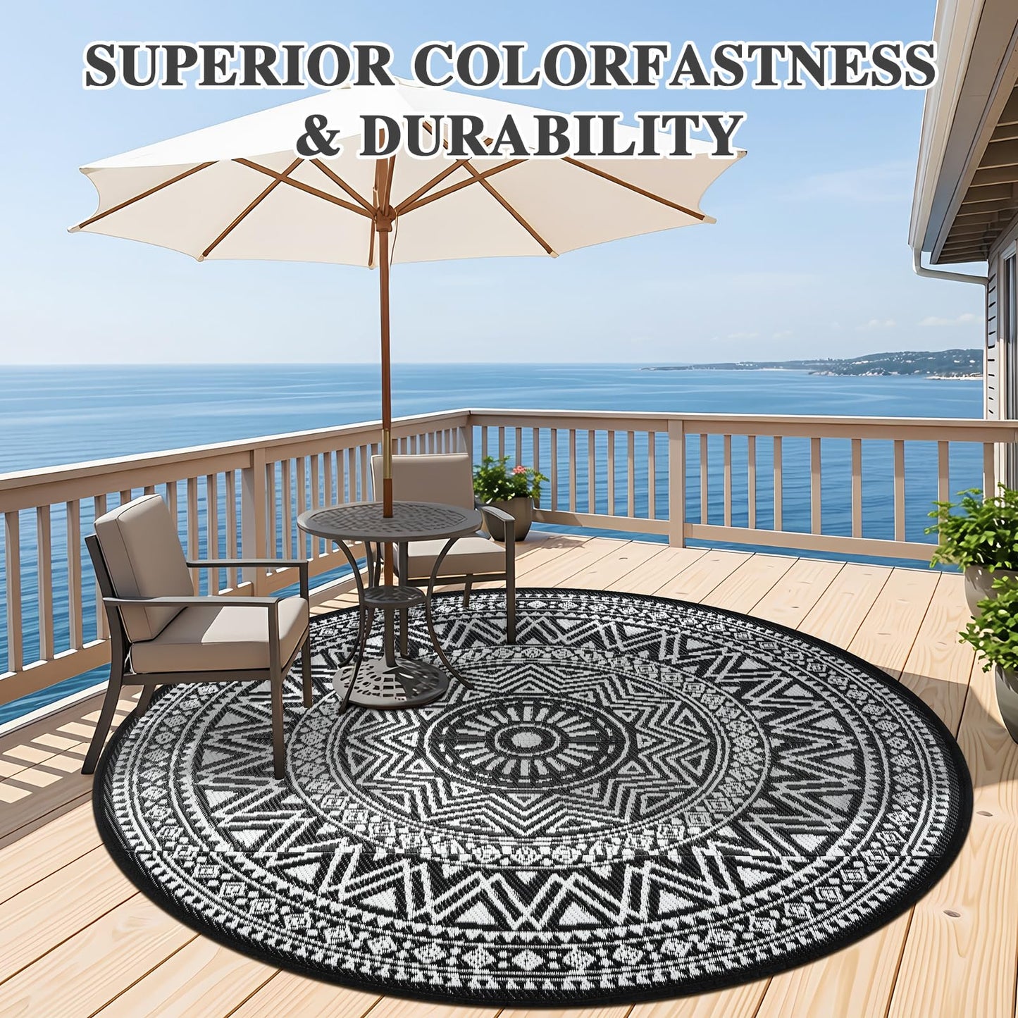 famibay Outdoor Rug Waterproof 5ft Round, Reversible Boho Plastic Straw Patio Camping Area Rugs, Portable Indoor Outdoor RV Mat for Deck, Porch, Balcony, Backyard, Picnic, Beach, Pool, Black & White