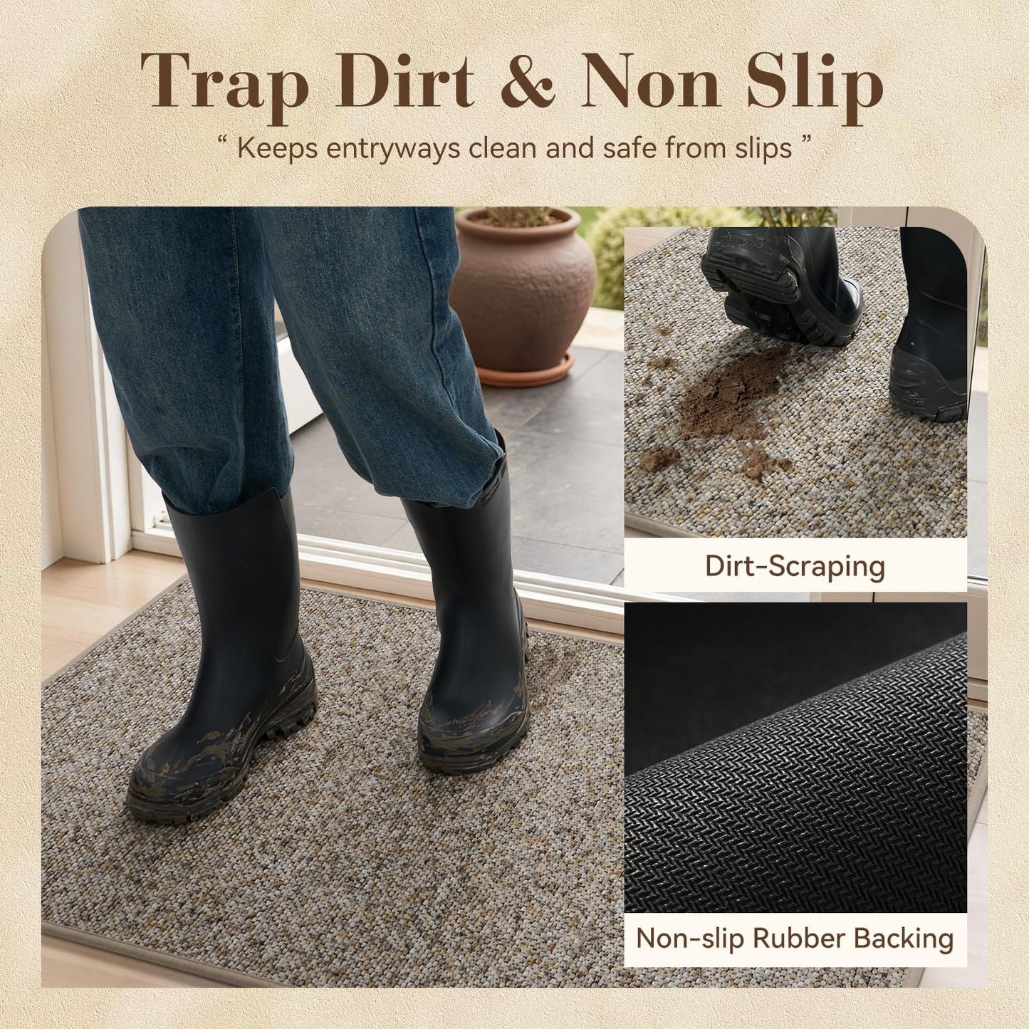 MontVoo Door Mat Indoor Entrance Doormat, Absorbent Durable Rubber Non Slip Front Door Mat for Inside Entry Entryway Dirt Trapper Welcome Mat, Grey Brown 24''x36''