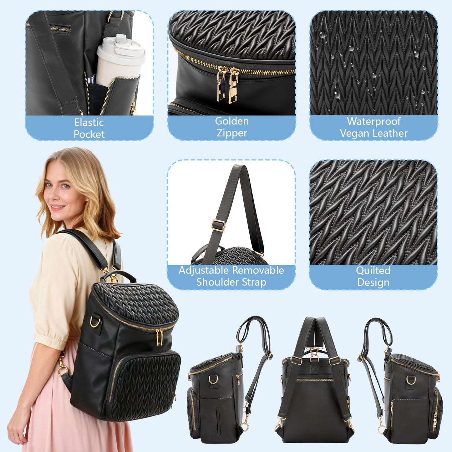 Minsong Diaper Bag Backpack, Fashion Leather Mommy Backpacks, Travel Baby Diaper Bags with in Bag Organizer and Changing Pad (Black-stripes)