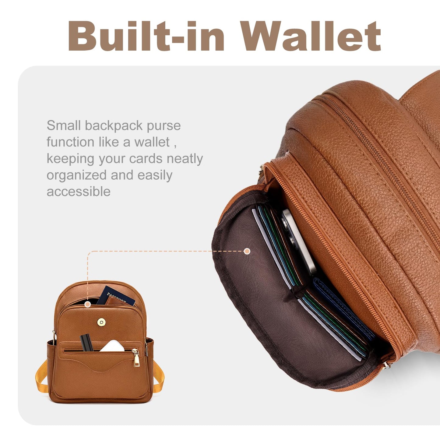 SYTRAH Mini Backpack Purse for Women, Causal Small Backpack with Built-in RFID Wallet & 11" Tablet Sleeve, Stylish Travel Daypack for Daily Brown
