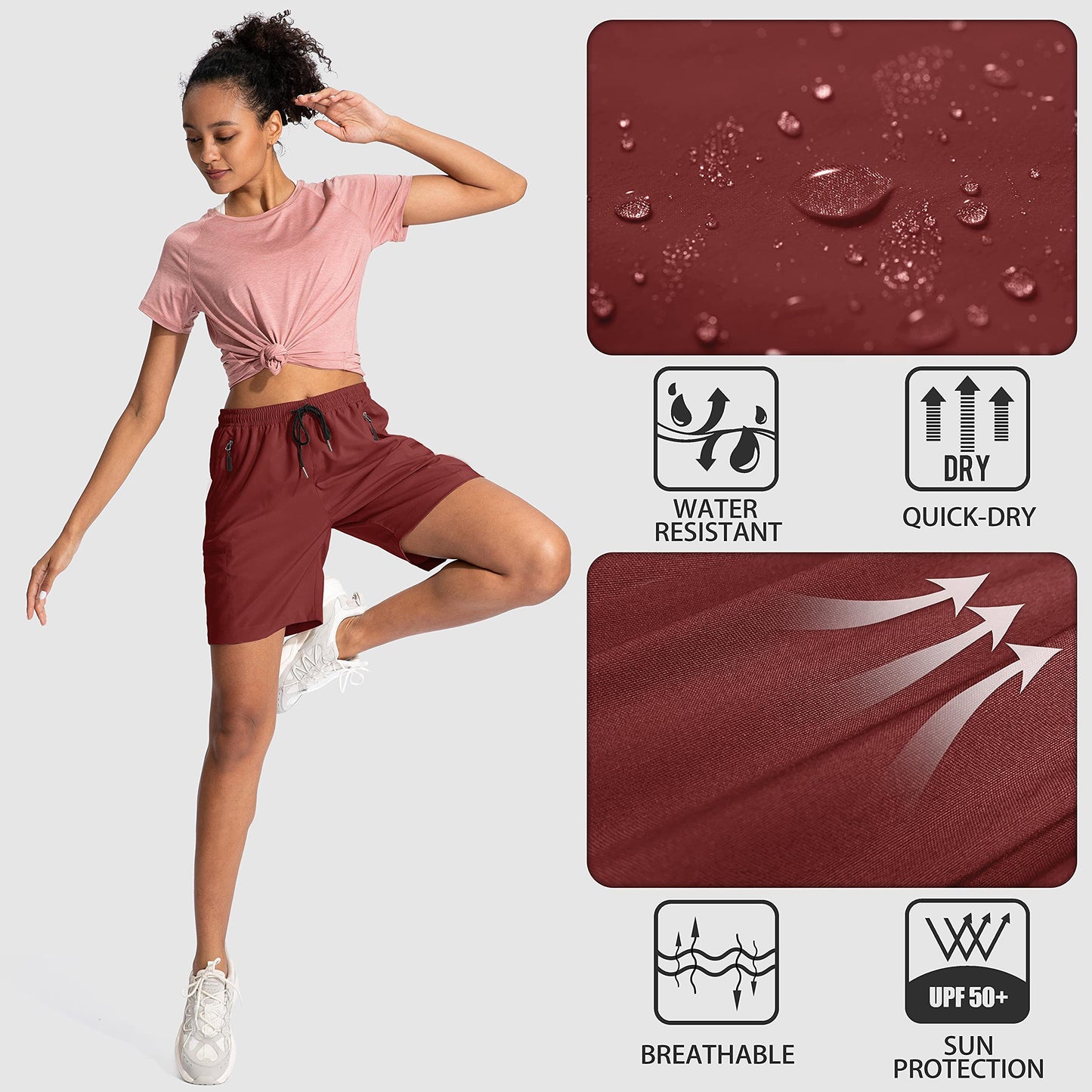 SANTINY Women's 5''/ 7''/9'' Hiking Cargo Shorts Quick Dry Lightweight Summer Shorts for Women Athletic Golf Zipper Pockets(Maroon_L)