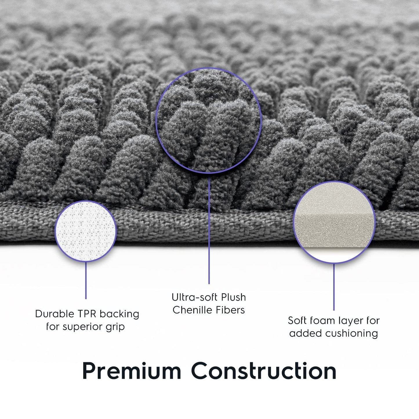 Tafts Bathroom Rugs, Extra-Thick Memory Foam Bath Mat, Ultra-Soft Chenille Microfiber, Highly Absorbent, Machine Washable, Shaggy Bath Mats for Bathroom, Non-Slip (21"x32") Space Grey