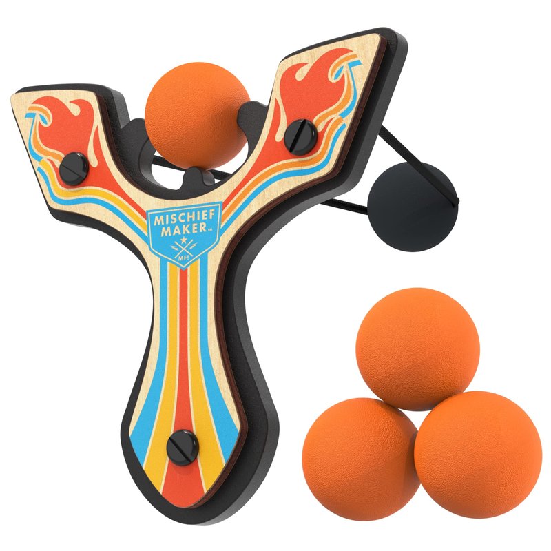 Mighty Fun! - Mischief Maker® Wooden Slingshot - Racing Series - Real Wood Slingshot for Kids, 4 Soft Foam Balls and Storage Bag - Ages 4+ (Orange)