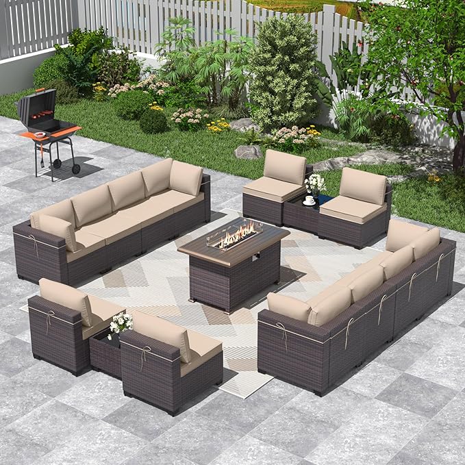 ALAULM 15 Pieces Outdoor Patio Furniture Set with Propane Fire Pit Table Outdoor Sectional Sofas Patio Furniture 43" Gas Fire Pit Brown PE Rattan Patio Conversation Set w/12 Cushions-Sand