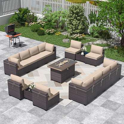 ALAULM 15 Pieces Outdoor Patio Furniture Set with Propane Fire Pit Table Outdoor Sectional Sofas Patio Furniture 43" Gas Fire Pit Brown PE Rattan Patio Conversation Set w/12 Cushions-Sand