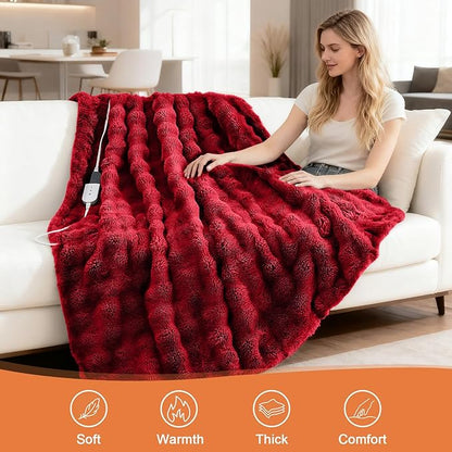 Heated Blanket Electric Throw Blanket 50''X 60''-Heating Blanket with 6 Heat Settings-4 Hours Auto Off,Cozy Faux Rabbit Fur Bubble Electric Blanket,Red