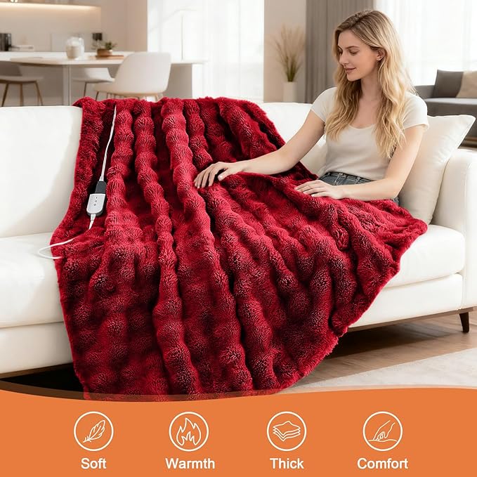 Heated Blanket Electric Throw Blanket 62''X 84''-Heating Blanket with 6 Heat Settings-10 Hours Auto Off,Cozy Faux Rabbit Fur Bubble Electric Blanket,Red