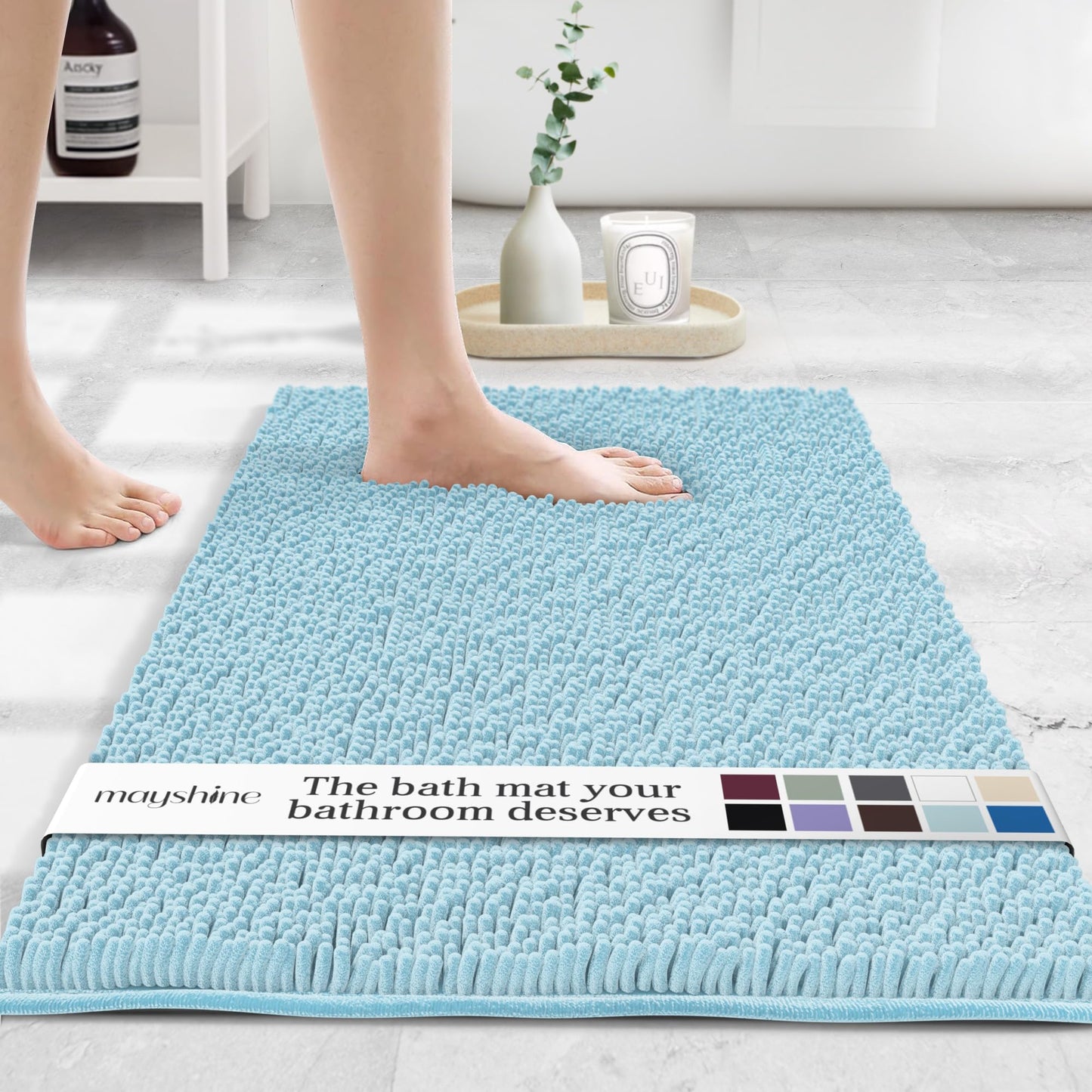 Large Plush Shaggy Chenille Bath Mat 39"x24" Extra Soft, Super Absorbent, Non-Slip Bathroom Rug | Fluffy Microfiber, Area Rug Sets for Bathroom Floor, Kitchen, Living Room | 39"x24" | Spa Blue
