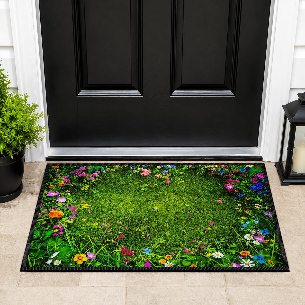 Green Grass Wildflower Door Mat for Indoor Entryway, 23.62 x 15.75 in Durable Faux Cashmere Polyester Rug, Non Slip Welcome Mat for Front Door Bathroom Kitchen