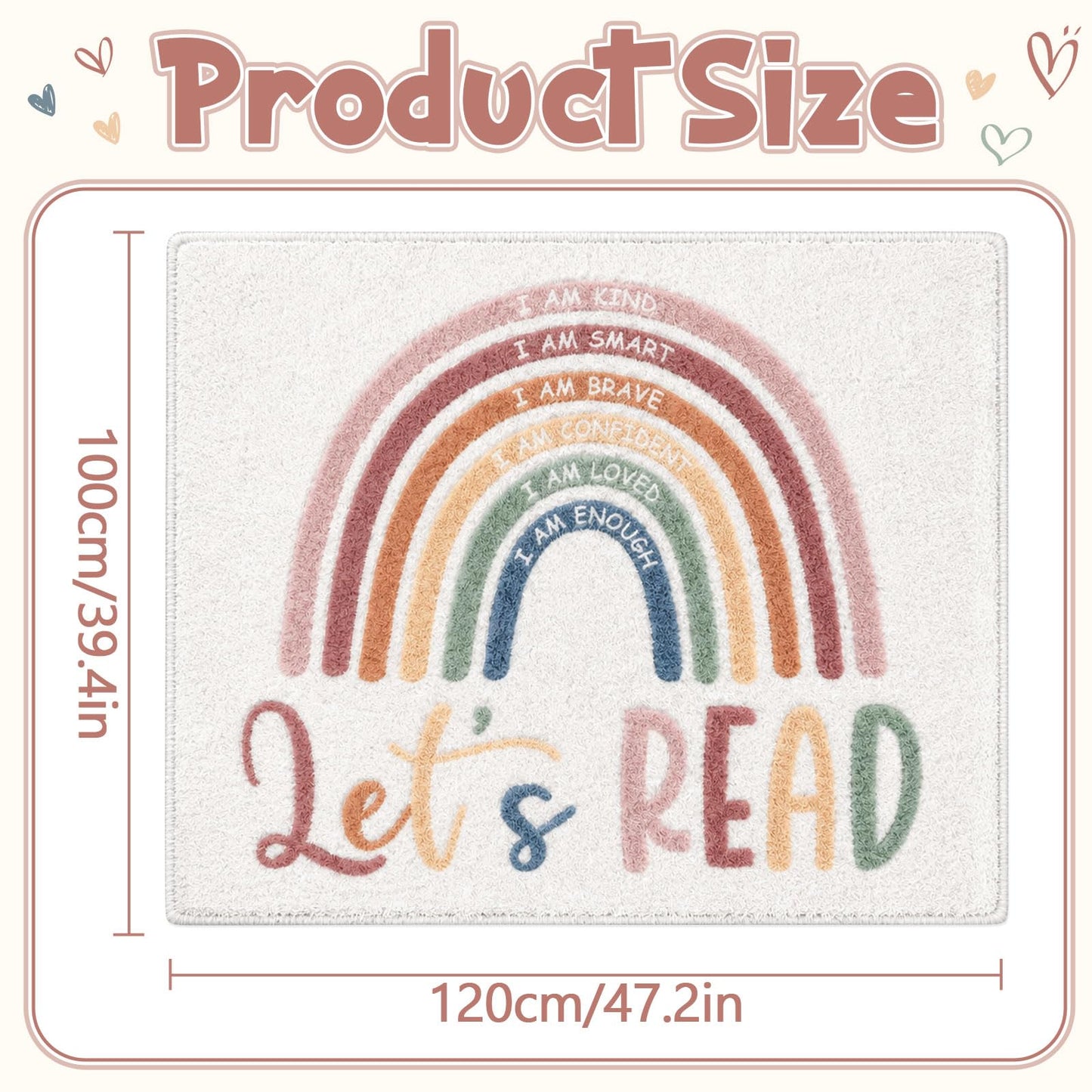 3.3x4 ft Boho Rainbow Classroom Rug Let's Read Motivational Area Rug Back to School Floor Mat Reading Corner Decor Non-Slip Play Carpet for Calming Corner Library Nursery Playroom Bedroom Living Room