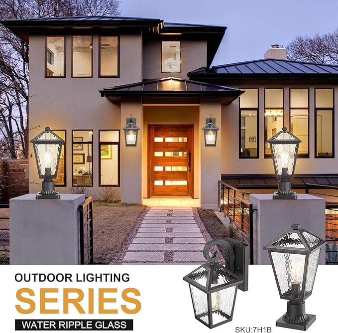Outdoor Lights Fixtures Wall Mount, Outdoor Wall Lantern with Water Ripple Glass, Waterproof Outside Exterior Wall Sconce Lights Fixture for House, Front Porch, Patio, Matte Black
