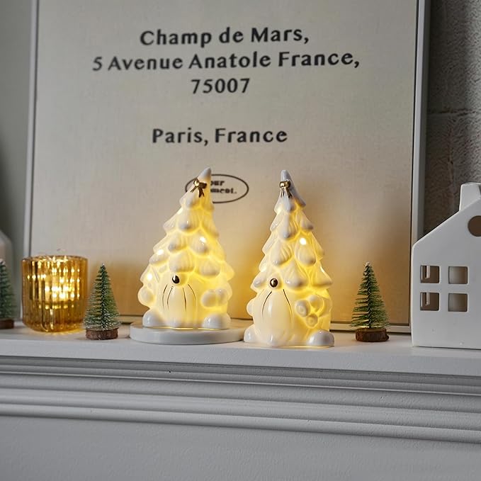 Lighted Christmas Gnome Decoration, 2Pcs White Gnomes Ceramic Christmas Tree with Gold Trims, Small Light Up Gnome Figurines for Prelit Xmas Holiday Table Fireplace Decor