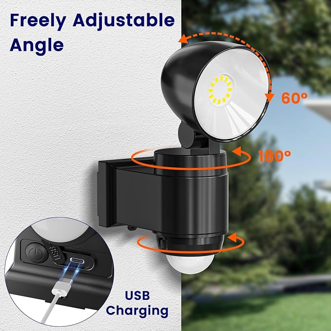 AIXPI Battery Operated Powered Motion Sensor Lights Outdoor 800LM 6000 mAh, Rechargeable LED Flood Light Spotlight for Garage, Yard, Porch 2Pack