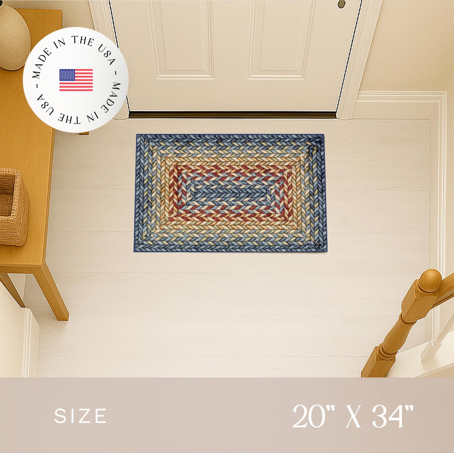 Maples Rugs Marion Bohemian Braided-Style Print Area Rug – Made in USA – Washable, Non-Slip Low-Profile Indoor Throw Rug for Foyer, Kitchen & Bathroom, 34" x 20", Multi-Color