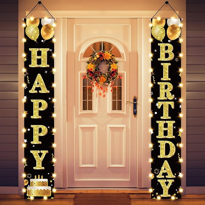 Birthday Lighted Banner Decorations for Men Women - Black Gold Happy Birthday Porch Sign with LED Light Party Supplies, 16th 21st 30th 40th 50th 60th 70th 80th 90th Bday for Indoor Outdoor