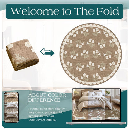Othilic Tan Entryway Round Rug 4ft - Washable Boho Floral Neutral Farmhouse Scalloped Round Area Rug for Bedroom Non Slip Stain Resistant Circle Rugs for Living Room Kitchen Entryway Bathroom Nursery