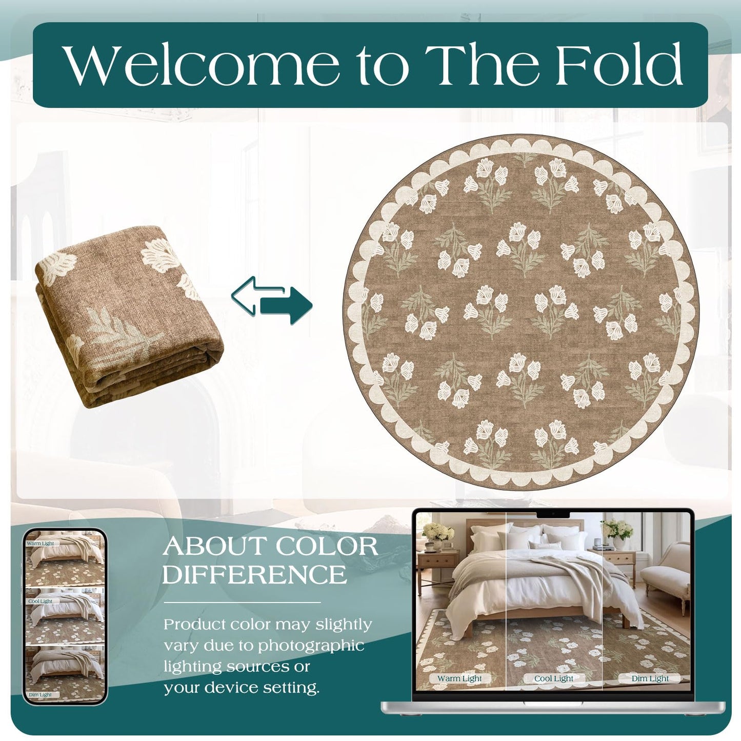 Othilic Tan 6ft Round Area Rug for Living Room - Large Washable Floral Neutral Farmhouse Scalloped Circle Rug for Bedroom Stain Resistant Dining Room Rugs for Under Round Table Carpet for Living Room