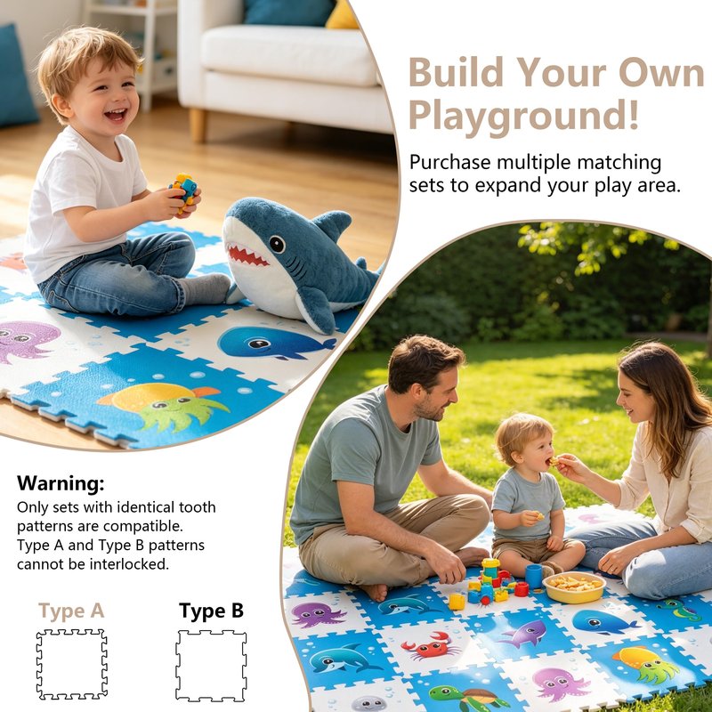 PLAY 10 Puzzle Play Mat, Foam Floor Tiles, Children’s Foam Puzzle Mat Baby Floor Play Mat 34×34 Inches Sea World 9 Pieces, Edge Tooth A
