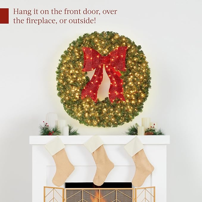 Best Choice Products 48in Large Artificial Pre-Lit Fir Christmas Wreath Holiday Accent Decoration for Door, Mantel w/Red Lighted Bow, 250 LED Lights, 714 PVC Tips, Power Plug-in