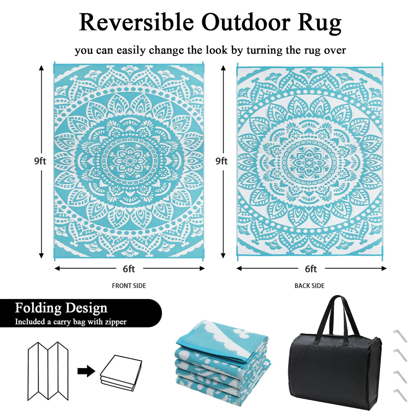 Bsmathom Waterproof Outdoor Rug 6'x9' Reversible Boho Plastic Straw Patio Deck Camping Rugs, Indoor Outdoor Portable RV Mat Clearance Carpet for Outside, Porch, Balcony, Backyard, Beach, Pool,Teal