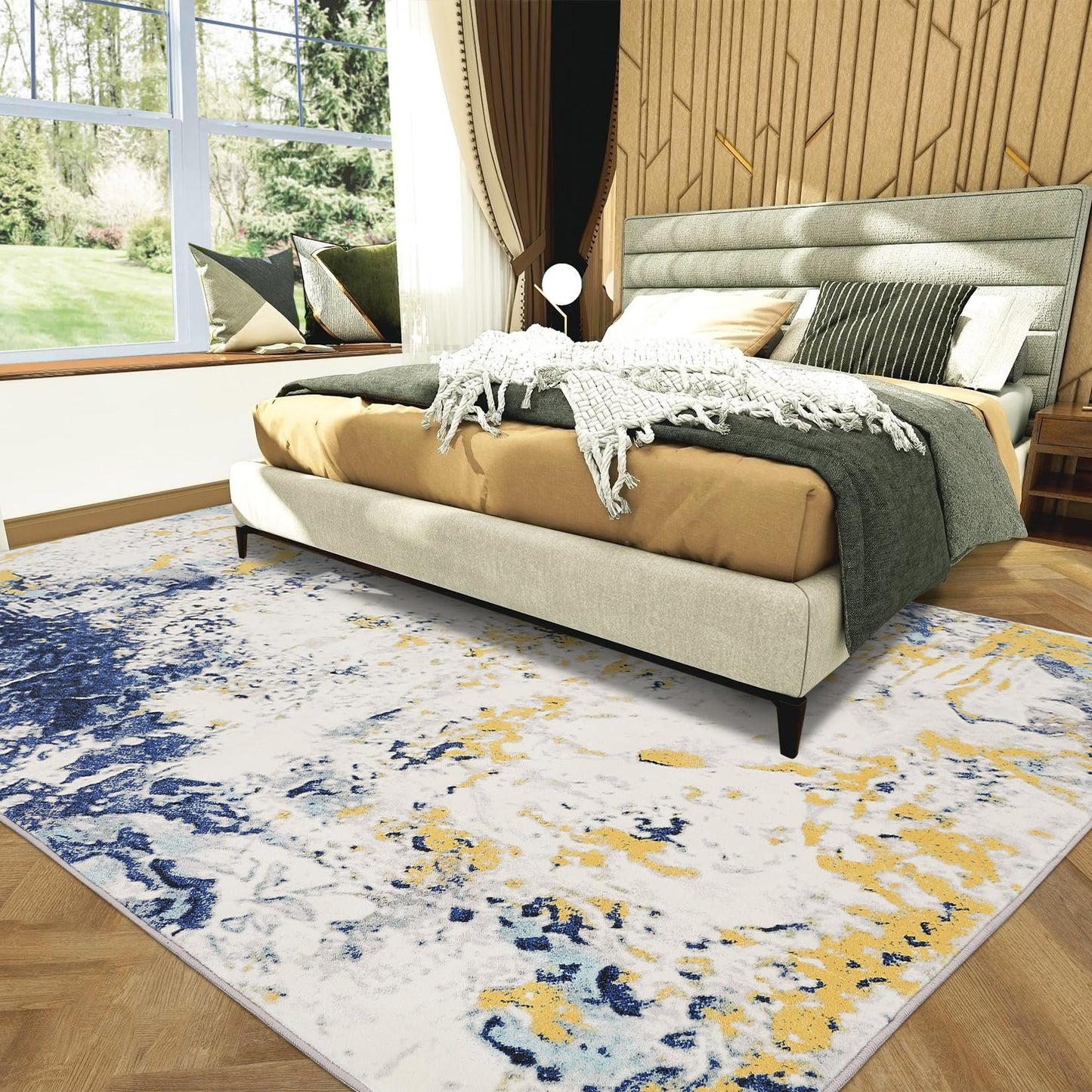 Abstract Modern Area Rug, 2x3 Washable Foldable Soft Rugs with Non-Slip Backing, Non-Shedding Floor Mat, Stain Resistant Carpet for Living Room Bedroom Dining Room Office, Yellow Blue