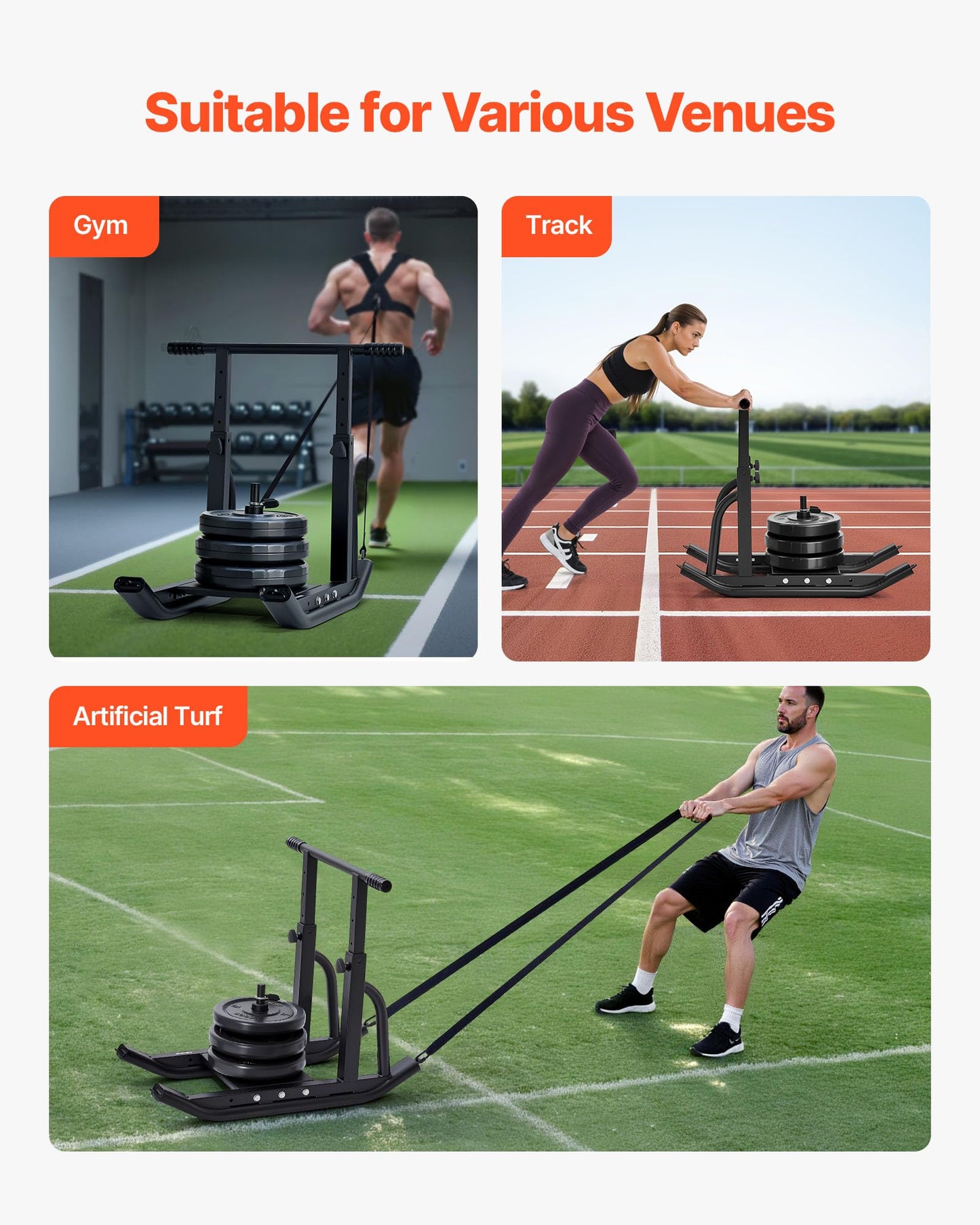 VEVOR Weight Sled, Fitness Training Training Pull Push Running Sled, Fitness Workout Sled Push Gym Equipment, Adjustable Height Handle, Compatible 1/2 in Weight Plates, Black, Football Sleds Chutes