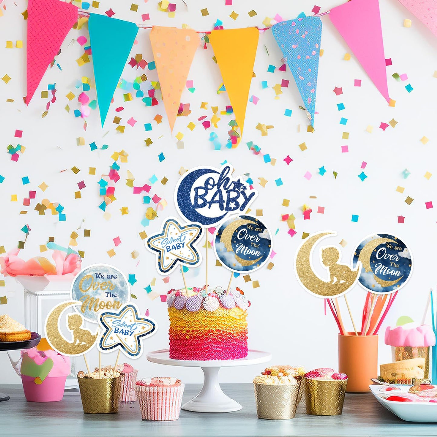 Little Star Oh Baby Centerpiece Sticks - We are Over the Moon Baby Shower Party Table Toppers - Girl Boy Baby 1st Birthday Party Decorations - Set of 15