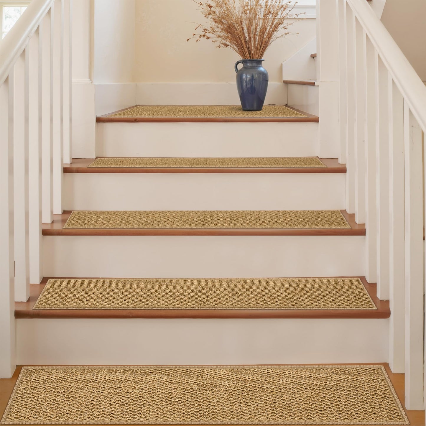 ComiComi 4PCS Non-Slip Stair Treads - 8"x30" Edging Stair Treads for Wooden Steps Washable Peel and Stick Indoor Stairs Tread Rug Stain Resistant Staircase Mat for Kids and Pets (4pc, Brown)