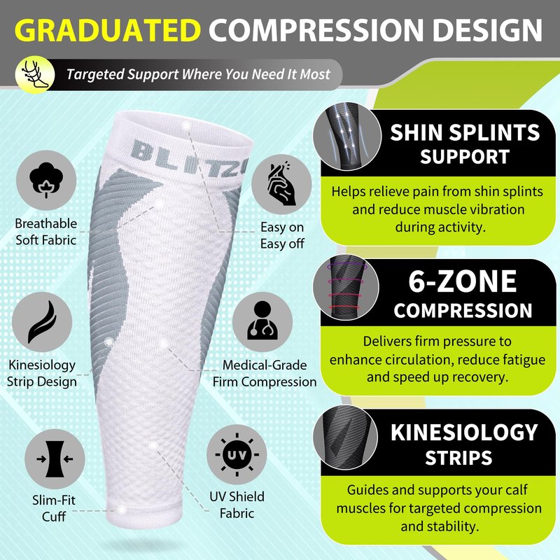 BLITZU Calf Compression Sleeve for Women and Men, Shin Splint Sleeves for Varicose Veins, Nursing, Pregnancy, Running, Footless Compression Socks Support for Calf Muscle Pain Relief White L-XL