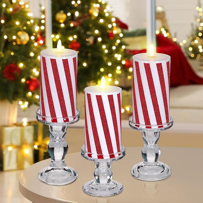 Baquler 3 Pcs Christmas Flameless Candles Candy Cane LED Pillar Candle with Glitter Stripe Red and White Battery Operated Candlestick for Xmas Party Holiday Centerpiece Home Decoration