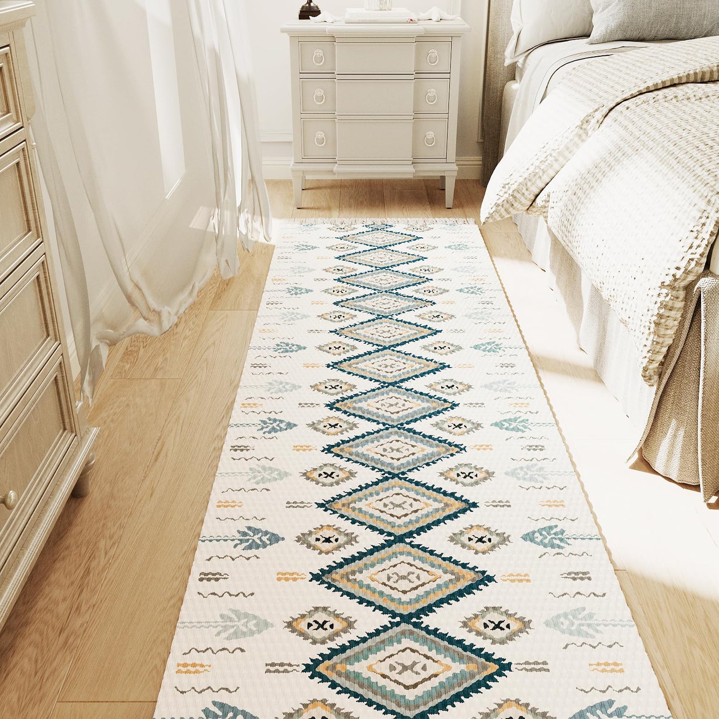 H.VERSAILTEX Handwoven 2x5 ft Boho Runner Rug with Tassels - Low Pile Easy Clean Washable Entryway Rug, Non-Slip Kitchen Runner for Hallway, Laundry Room, Corridor - Floor Mat(Blue/Tan)