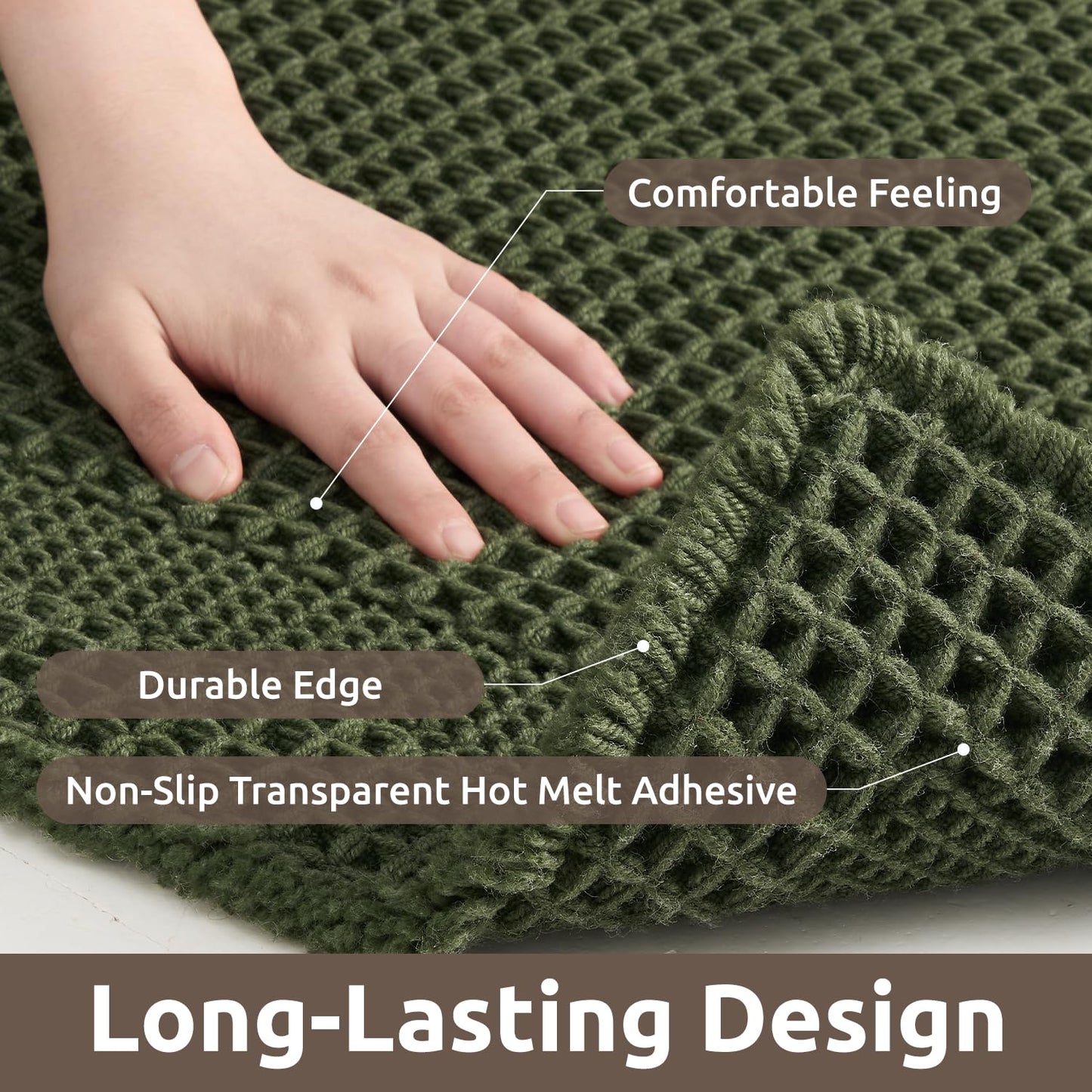 AMOAMI Waffle Bath-Mat, Absorbent Bath Mats for Bathroom Non Slip, Machine Washable Bathroom Rugs with Tassels Ultra Soft Boho Bath Rugs for Floor 2'x6'(24"x72") Dark Green