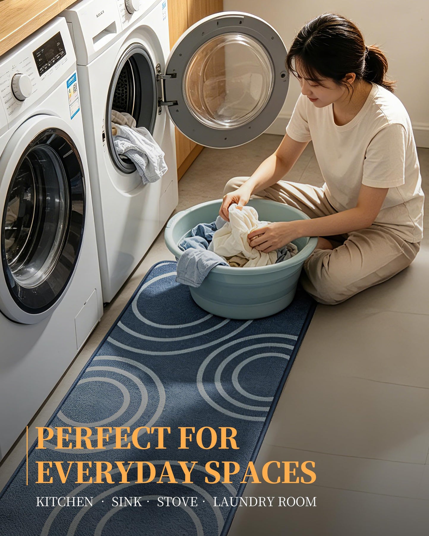 Washable Kitchen Rug Set of 2 Non Slip Runner Rug and Mat Blue Circle