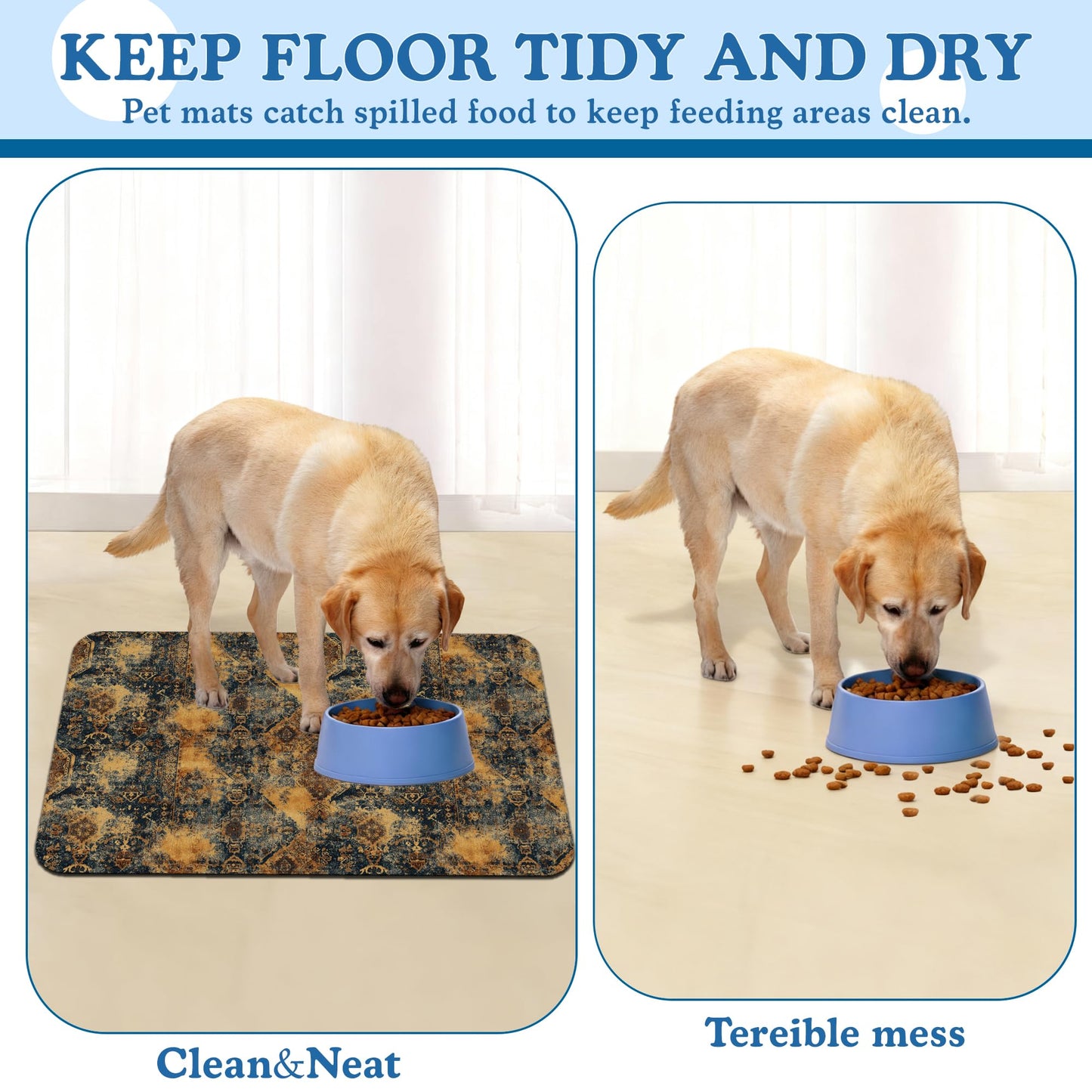 Grunge Boho Pet Feeding Mat for Floors–Absorbent Quick Dry Dog Cat Bowl Mat for Food and Water, Non Slip Waterproof Base, Mess-Free Feeding Accessories 12"x20"