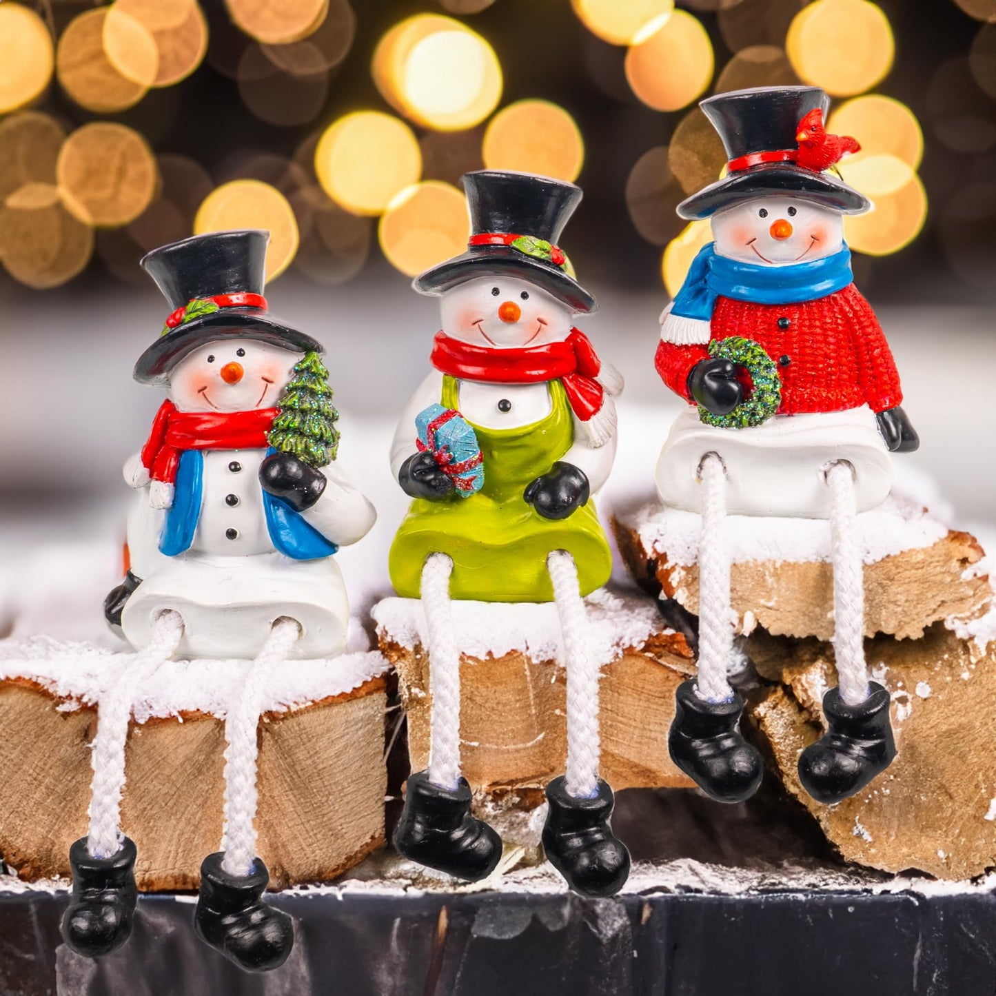 Dazzle Bright Christmas Figurines, Set of 3 Resin Santa Snowman Sitters with Dangling Legs, Xmas Table Fireplace Shelf Sitters Decorations Sitting Figurines Ornament for Indoor Home Decor